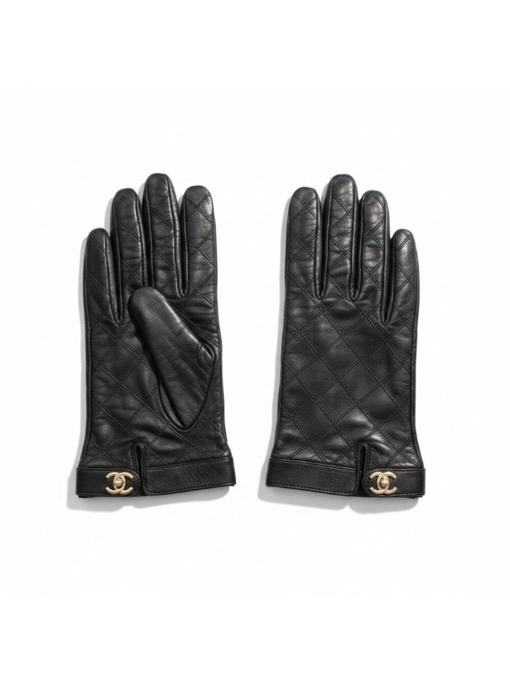 Chanel G1 Quilted Leather Gloves Turnlock CC Logo 8 Black Lambskin